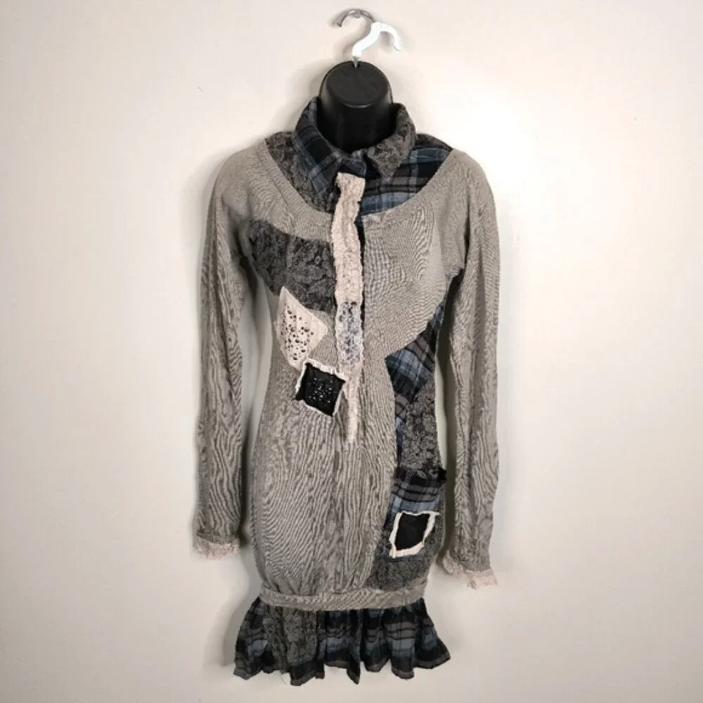 Luxuria Y2K Dark Academia Punk Lagenlook Patchwork Boho Wool Sweater Dress S - Picture 1 of 10